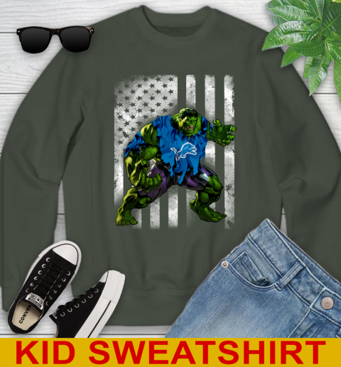 Detroit Lions Hulk Marvel Avengers NFL Football American Flag Youth Sweatshirt 8