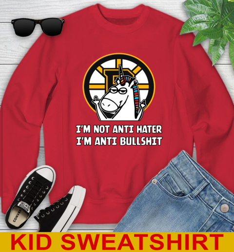 Boston Bruins NHL Hockey Unicorn I'm Not Anti Hater I'm Anti Bullshit Youth Sweatshirt 8
