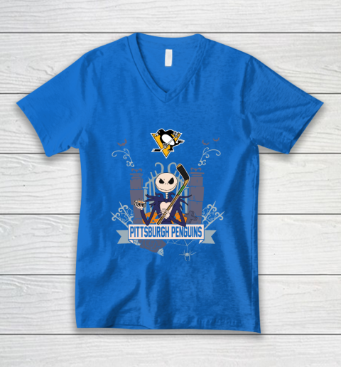 NHL Pittsburgh Penguins Hockey Jack Skellington Halloween V-Neck T-Shirt 5