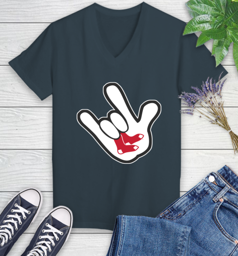 Boston Red Sox MLB Baseball Mickey Rock Hand Disney Women's V-Neck T-Shirt 8