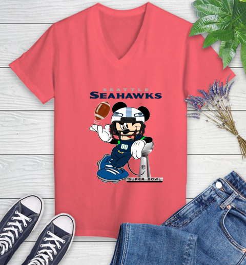 NFL Seattle Seahawks Mickey Mouse Disney Super Bowl Football T Shirt Women's V-Neck T-Shirt 6