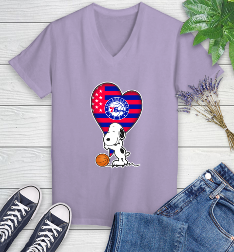 Philadelphia 76ers NBA Basketball The Peanuts Movie Adorable Snoopy Women's V-Neck T-Shirt 14