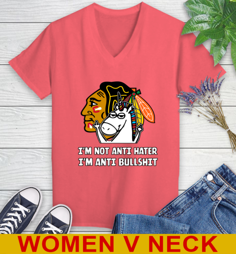Chicago Blackhawks NHL Hockey Unicorn I'm Not Anti Hater I'm Anti Bullshit Women's V-Neck T-Shirt 7