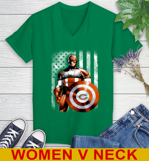 Chicago Bears NFL Football Captain America Marvel Avengers American Flag Shirt Women's V-Neck T-Shirt 5