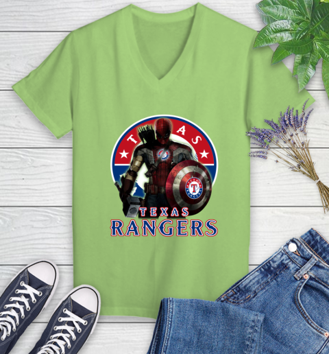 MLB Captain America Thor Spider Man Hawkeye Avengers Endgame Baseball Texas Rangers Women's V-Neck T-Shirt 11