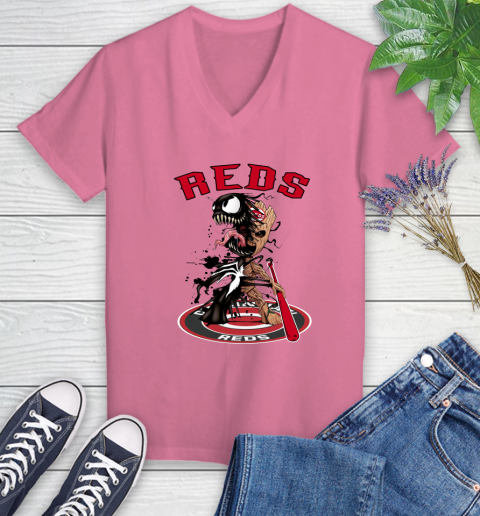 MLB Cincinnati Reds Baseball Venom Groot Guardians Of The Galaxy Women's V-Neck T-Shirt 13