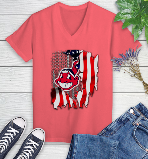 Cleveland Indians MLB Baseball American Flag Women's V-Neck T-Shirt 6