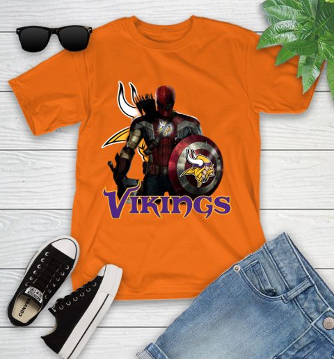 NFL Captain America Thor Spider Man Hawkeye Avengers Endgame Football Minnesota Vikings Youth T-Shirt 7