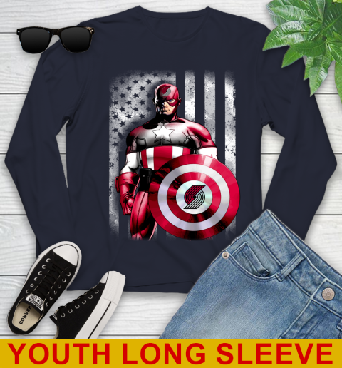 Portland Trail Blazers NBA Basketball Captain America Marvel Avengers American Flag Shirt Youth Long Sleeve 2