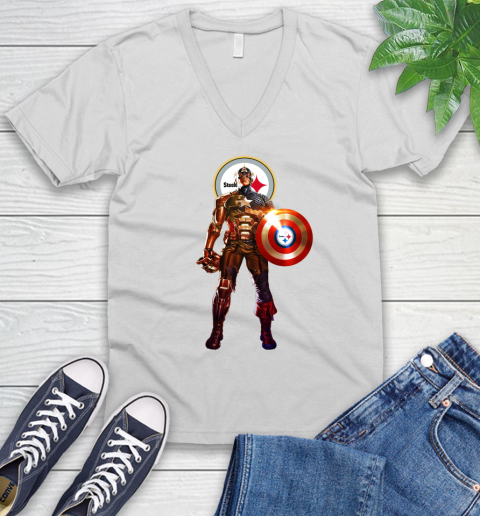NFL Captain America Marvel Avengers Endgame Football Sports Pittsburgh Steelers V-Neck T-Shirt