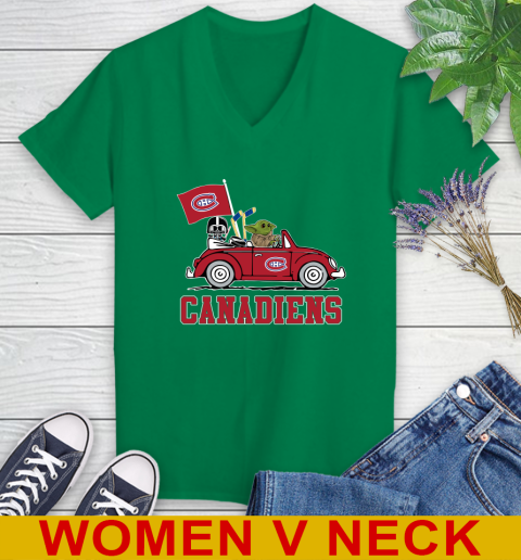 NHL Hockey Montreal Canadiens Darth Vader Baby Yoda Driving Star Wars Shirt Women's V-Neck T-Shirt 6