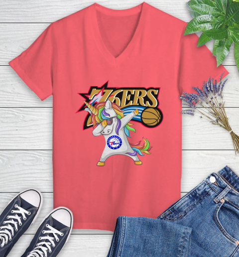 Philadelphia 76ers NBA Basketball Funny Unicorn Dabbing Sports Women's V-Neck T-Shirt 6