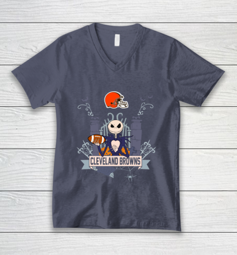 NFL Cleveland Browns Football Jack Skellington Halloween V-Neck T-Shirt 7
