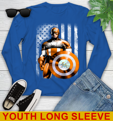 Miami Marlins MLB Baseball Captain America Marvel Avengers American Flag Shirt Youth Long Sleeve 10