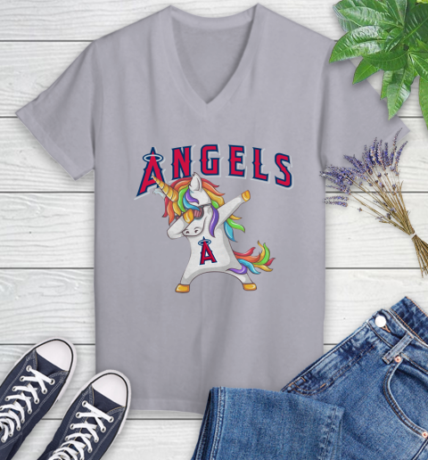 Los Angeles Angels MLB Baseball Funny Unicorn Dabbing Sports Women's V-Neck T-Shirt 4