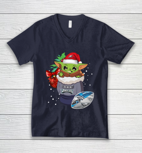Philadelphia Eagles Christmas Baby Yoda Star Wars Funny Happy NFL V-Neck T-Shirt 3