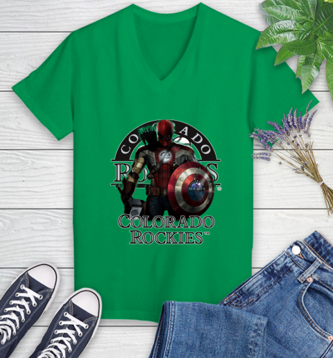 MLB Captain America Thor Spider Man Hawkeye Avengers Endgame Baseball Colorado Rockies Women's V-Neck T-Shirt 5