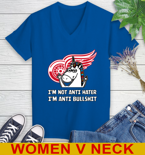 Detroit Red Wings NHL Hockey Unicorn I'm Not Anti Hater I'm Anti Bullshit Women's V-Neck T-Shirt 11