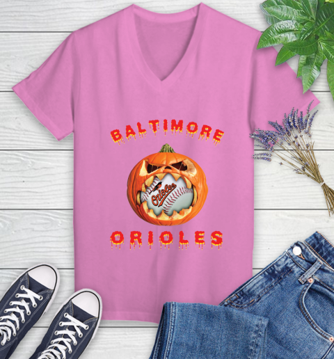 MLB Baltimore Orioles Halloween Pumpkin Baseball Sports Women's V-Neck T-Shirt 14