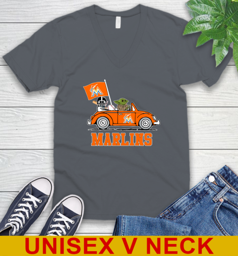 MLB Baseball Miami Marlins Darth Vader Baby Yoda Driving Star Wars Shirt V-Neck T-Shirt 5