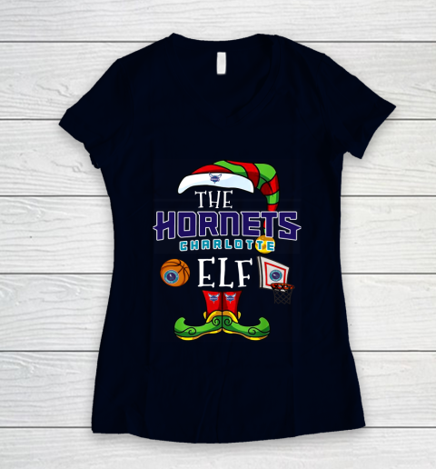 Charlotte Hornets Christmas ELF Funny NBA Women's V-Neck T-Shirt 2