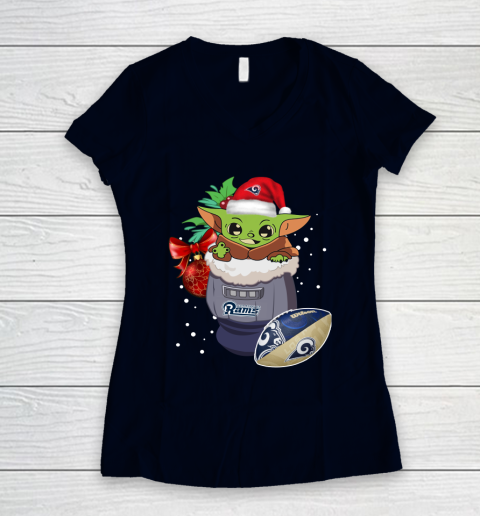 Los Angeles Rams Christmas Baby Yoda Star Wars Funny Happy NFL Women's V-Neck T-Shirt 3