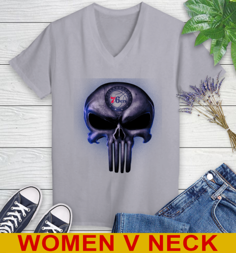 Philadelphia 76ers NBA Basketball Punisher Skull Sports Women's V-Neck T-Shirt 4