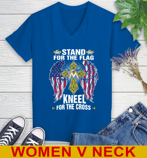 MLB Baseball Miami Marlins Stand For Flag Kneel For The Cross Shirt Women's V-Neck T-Shirt 9