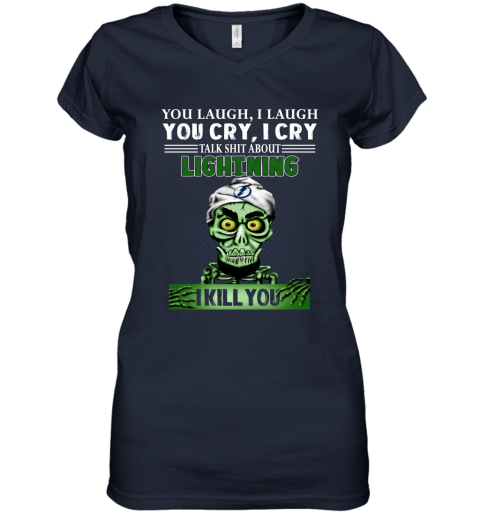 NHL Talk Shit About Tampa Bay Lightning I Kill You Achmed The Dead Terrorist Jeffrey Dunham Hockey TJMQBTsjEWJ women v neck t shirt 39 95 151514 front navy