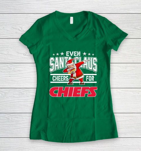 Kansas City Chiefs Even Santa Claus Cheers For Christmas NFL Women's V-Neck T-Shirt 3