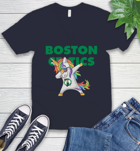 Boston Celtics NBA Basketball Funny Unicorn Dabbing Sports V-Neck T-Shirt 3