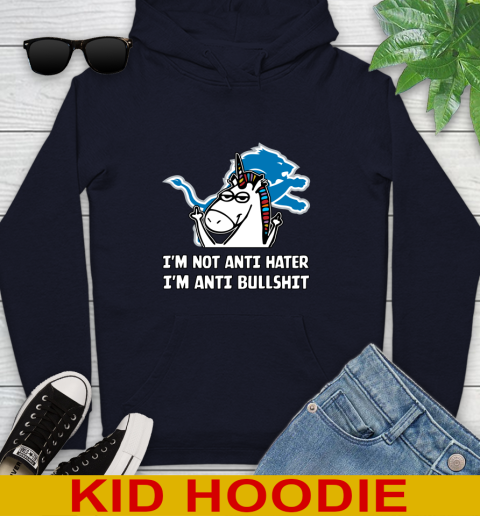 Detroit Lions NFL Football Unicorn I'm Not Anti Hater I'm Anti Bullshit Youth Hoodie 4