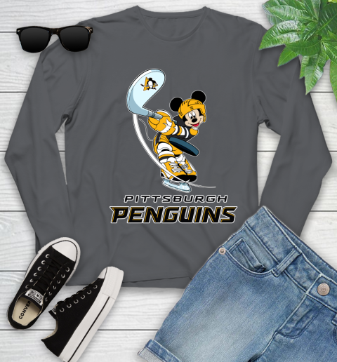 NHL Hockey Pittsburgh Penguins Cheerful Mickey Mouse Shirt Youth Long Sleeve 8