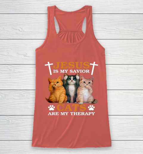 Jesus is My Savior Cat are My Therapy Christians Cat Lover Racerback Tank 3