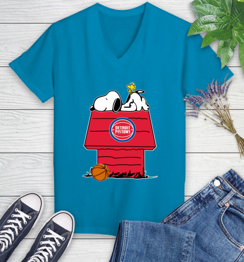 Detroit Pistons NBA Basketball Snoopy Woodstock The Peanuts Movie Women's V-Neck T-Shirt 7