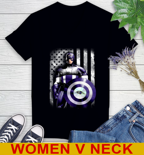 Baltimore Ravens NFL Football Captain America Marvel Avengers American Flag Shirt Women's V-Neck T-Shirt