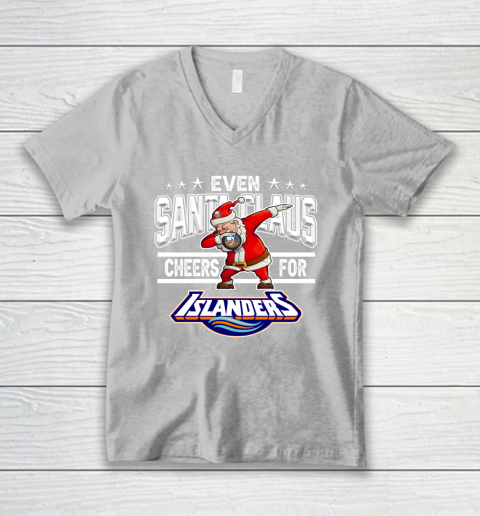 New York Islanders Even Santa Claus Cheers For Christmas NHL V-Neck T-Shirt 3