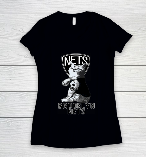 NBA Basketball My Cat Loves Brooklyn Nets Women's V-Neck T-Shirt