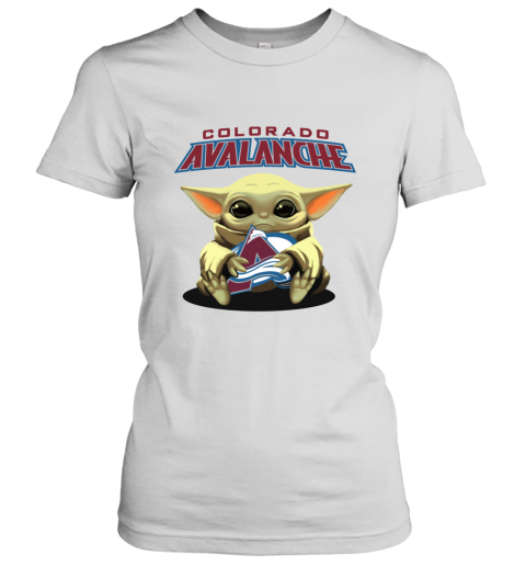 90vw baby yoda hugs the colorado avalanche ladies t shirt 20 front white