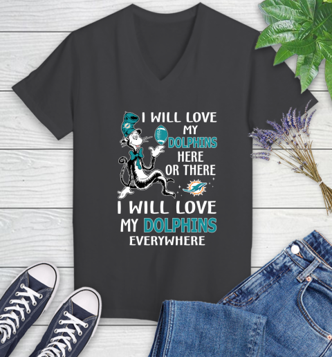 NFL Football Miami Dolphins I Will Love My Dolphins Everywhere Dr Seuss Shirt Women's V-Neck T-Shirt 6