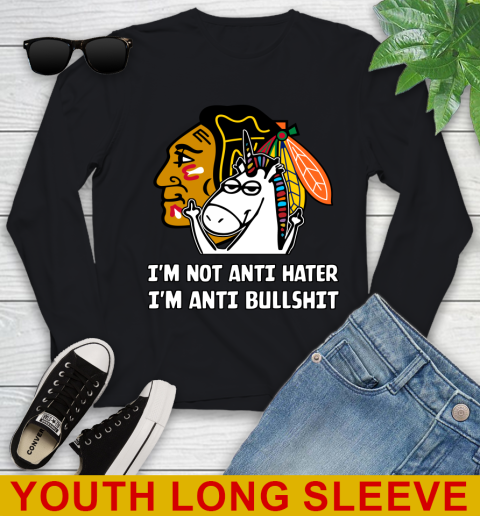 Chicago Blackhawks NHL Hockey Unicorn I'm Not Anti Hater I'm Anti Bullshit Youth Long Sleeve 2