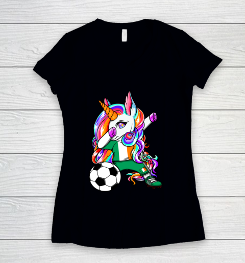 Dabbing Unicorn Ireland Soccer Fans Jersey Irish Football Women's V-Neck T-Shirt