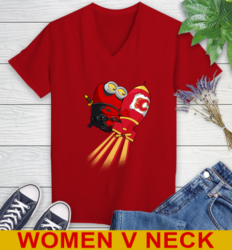 NHL Hockey Calgary Flames Deadpool Minion Marvel Shirt Women's V-Neck T-Shirt 10