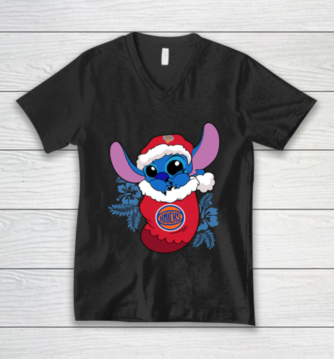 New York Knicks Christmas Stitch In The Sock Funny Disney NBA V-Neck T-Shirt