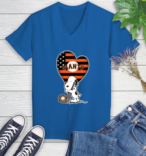 San Francisco Giants MLB Baseball The Peanuts Movie Adorable Snoopy Women's V-Neck T-Shirt 10