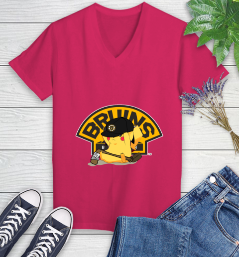 NHL Pikachu Hockey Sports Boston Bruins Women's V-Neck T-Shirt 9