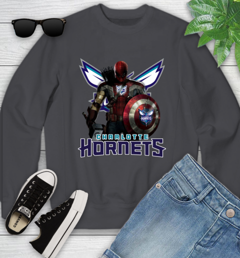 Charlotte Hornets NBA Basketball Captain America Thor Spider Man Hawkeye Avengers Youth Sweatshirt 6