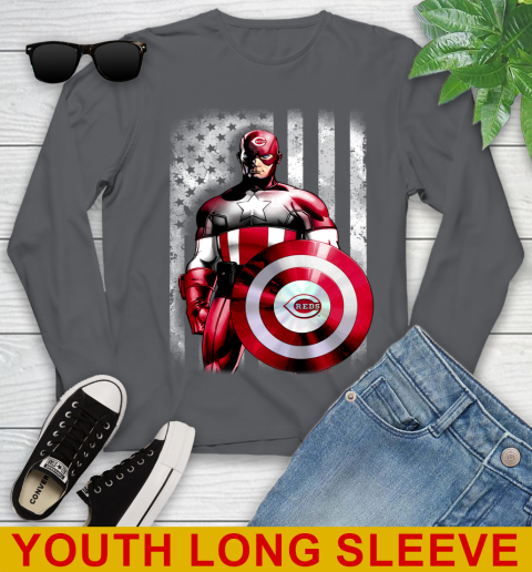 Cincinnati Reds MLB Baseball Captain America Marvel Avengers American Flag Shirt Youth Long Sleeve 9