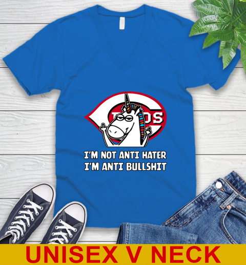 Cincinnati Reds MLB Baseball Unicorn I'm Not Anti Hater I'm Anti Bullshit V-Neck T-Shirt 6