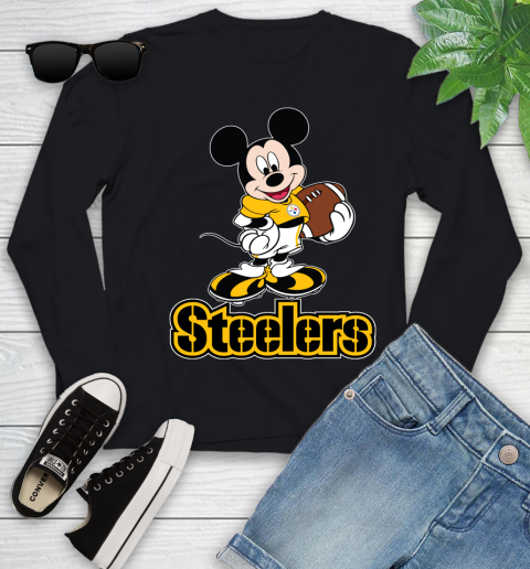 NFL Football Pittsburgh Steelers Cheerful Mickey Mouse Shirt Youth Long Sleeve